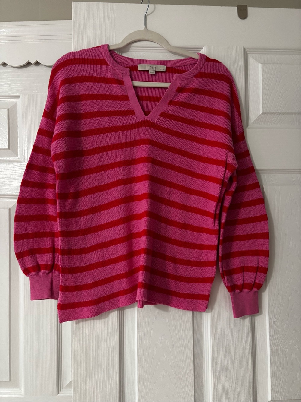 LOFT Hot Pink and Red Striped V-Neck Sweater